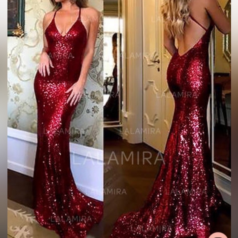 LALAMIRA Red Sequin Floor Length Gown, Long Red Sequin Prom Dress